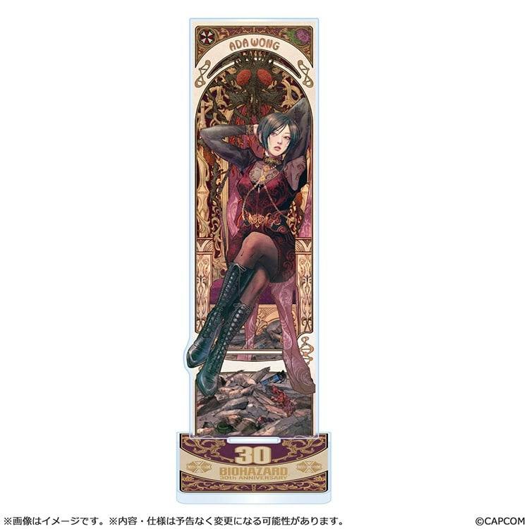 A tall acrylic stand showing an illustrated full-body Ada Wong sitting on a chair, with a decorative base labeled "30 BIOHAZARD 30th ANNIVERSARY".