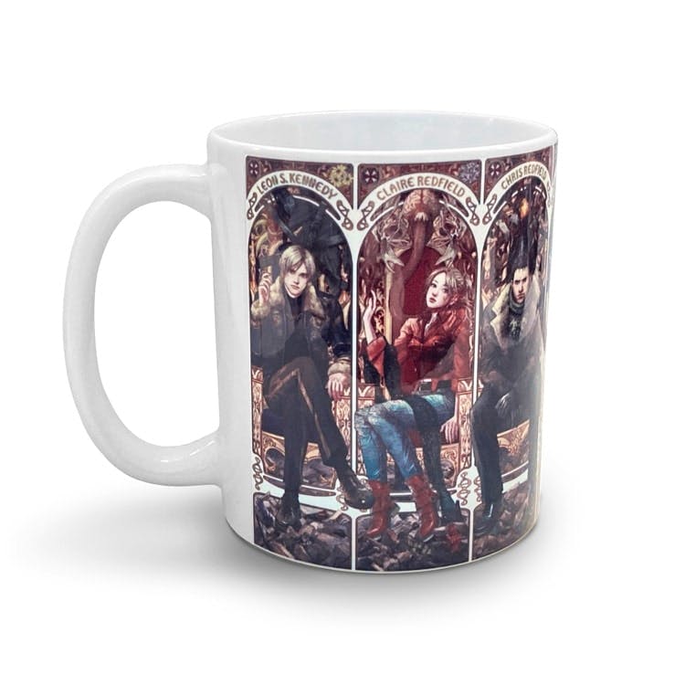 White ceramic Biohazard 30th anniversary mug printed with detailed artwork of three seated characters.