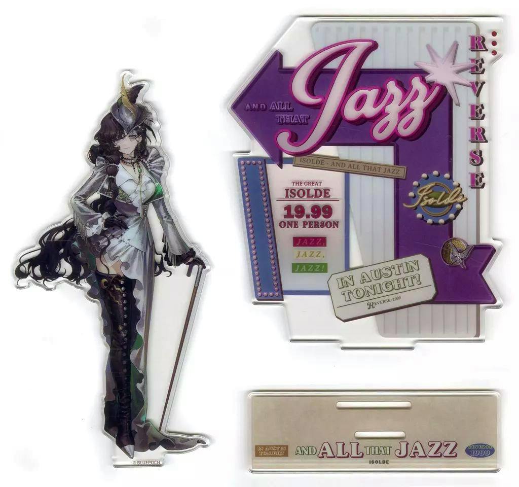 Acrylic double stand set showing the Isolde character acrylic figure, decorative panel, and base.