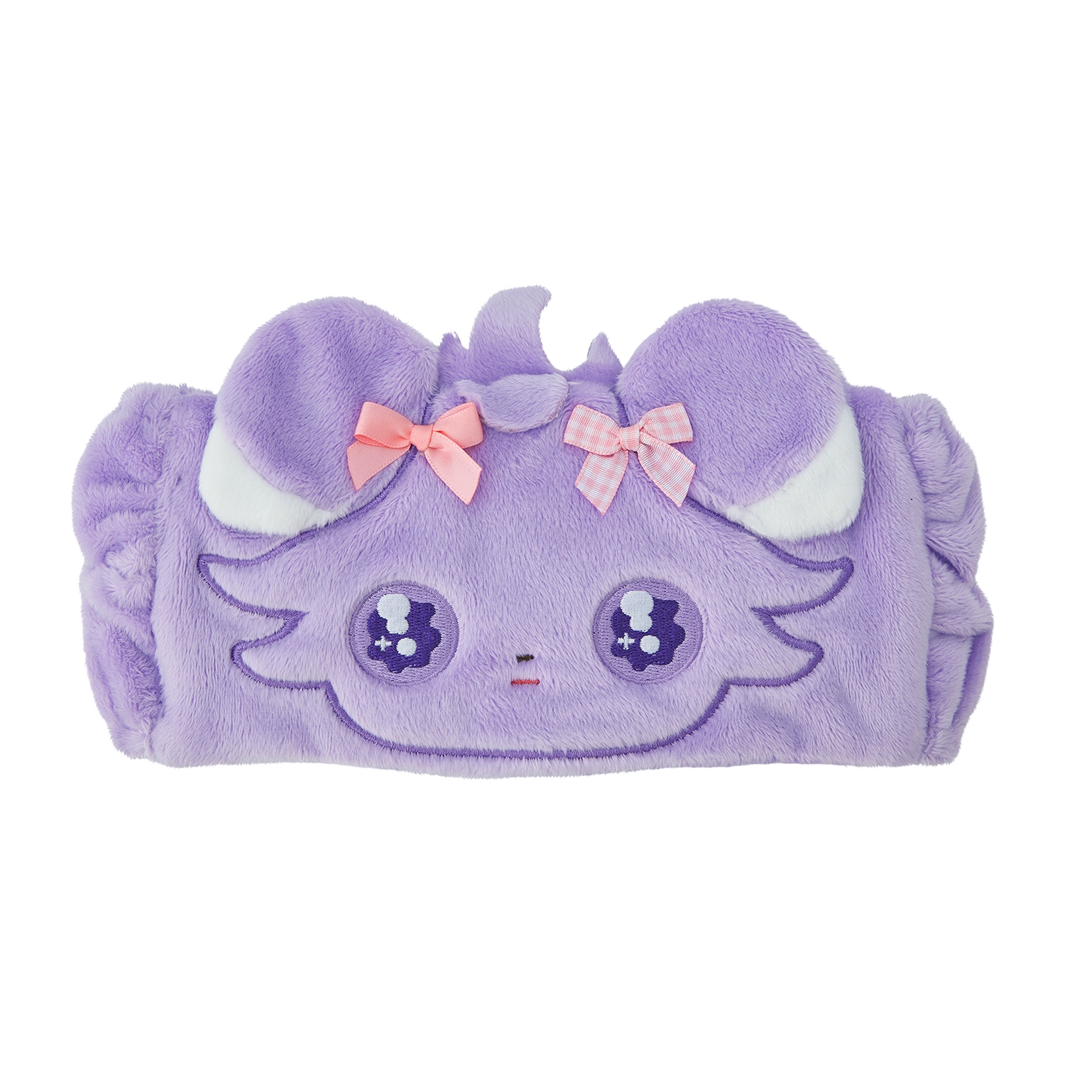 Purple reversible hairband with a plush cartoon face, ears, and two pink bows.