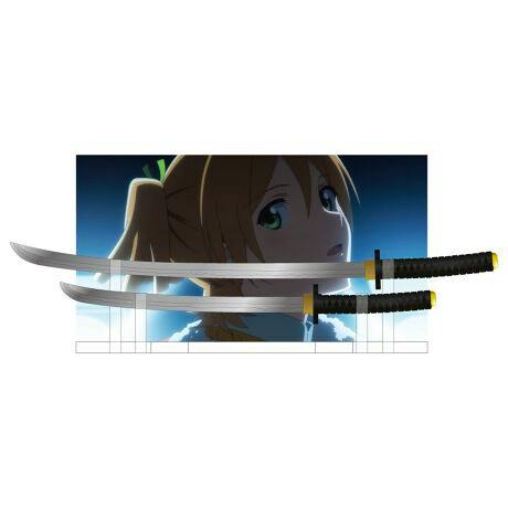 A decorative acrylic stand showing an anime character illustration with three metal sword pieces arranged in front.
