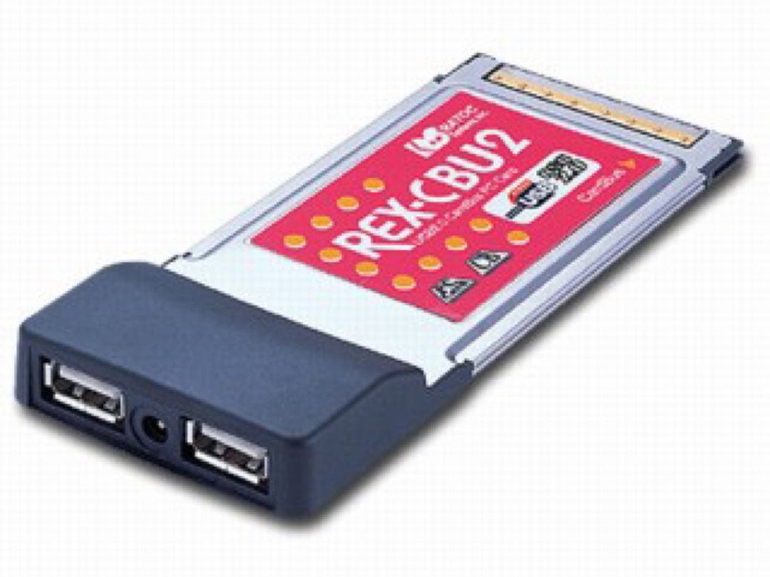 PC Card–style USB hub labeled REX-CBU2 showing two USB-A ports on one end.