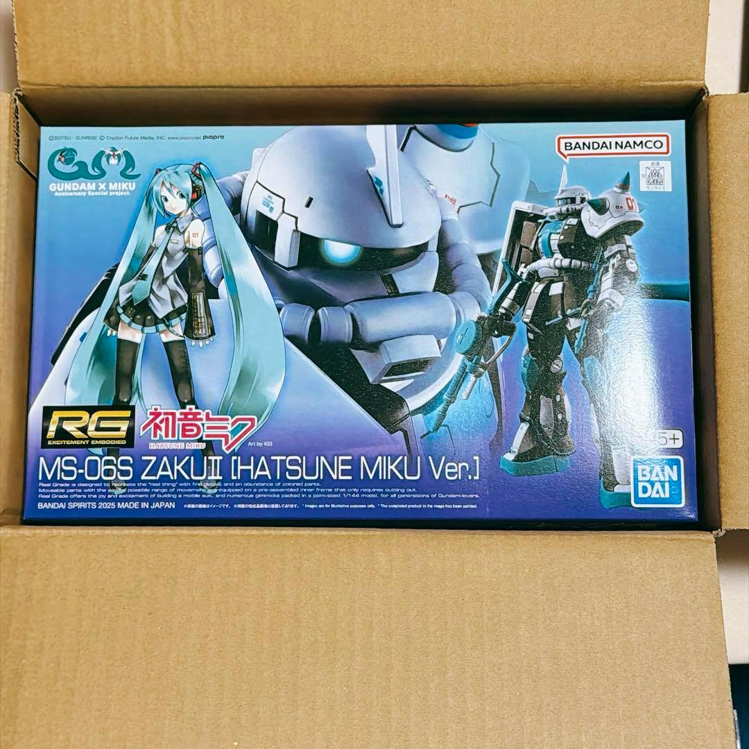 Top-down photo showing the RG 1/144 MS-06S Zaku II Hatsune Miku Ver. model kit box inside a cardboard shipping box.
