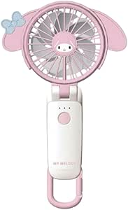 Front view of a pink Sanrio collaboration handheld handy fan (Melo) showing the character face in the center, circular grille, single power button, and folding handle.