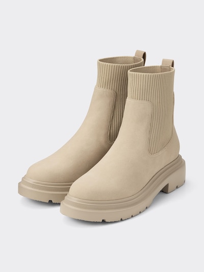 Pair of beige rib knit sock boots shown on a light background.