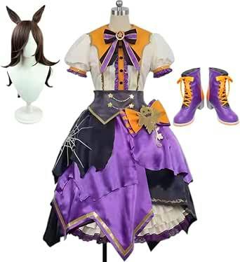 Purple and black women's Halloween cosplay dress with matching wig and boots displayed on a dress form.