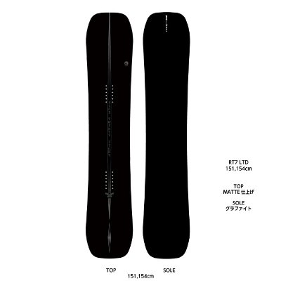 Front and base views of a black RICE28 RT7LTD snowboard on a white background.