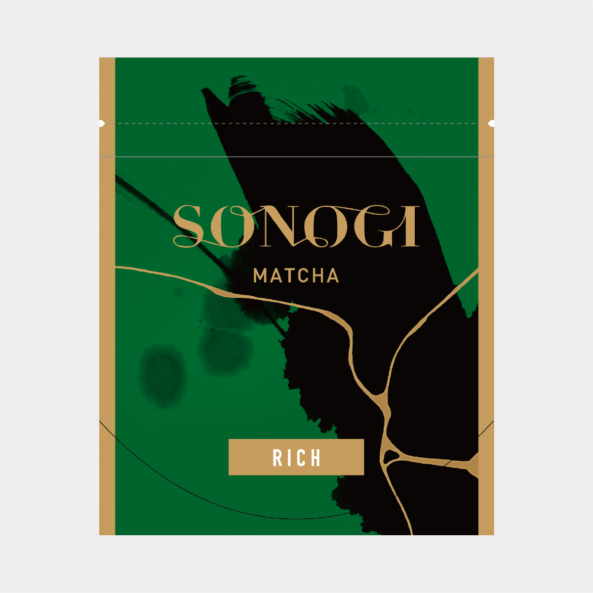 Front of the matcha green tea packaging showing green and black abstract artwork with the text “SONOGI”, “MATCHA”, and a gold label reading “RICH”.