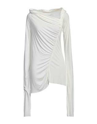 White asymmetric long-sleeve women's top with a draped front shown on a white background.