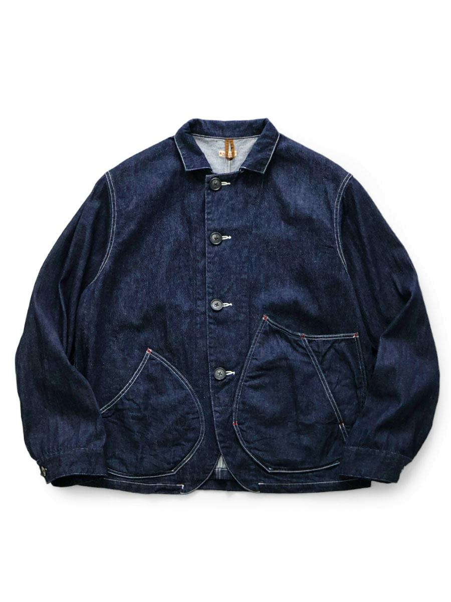 Flat-lay front view of the men's denim coverall jacket with button closure and two rounded front pockets.