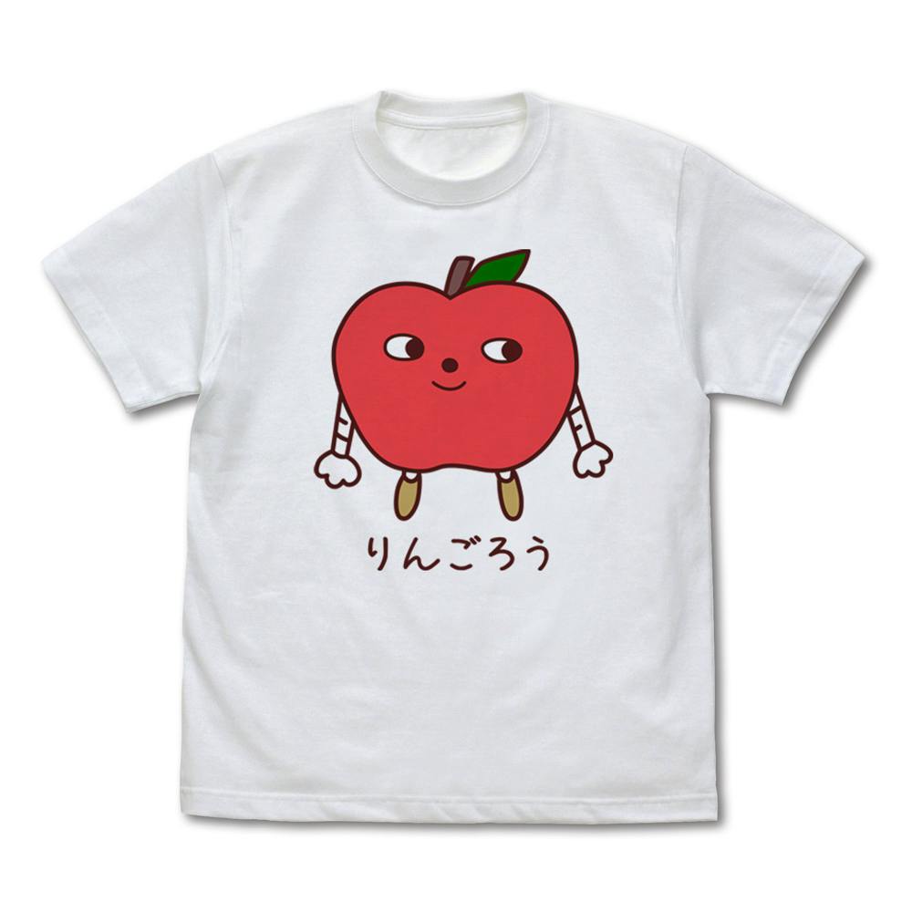 White men's T-shirt showing a large red apple character graphic with arms and legs and Japanese text on the front.