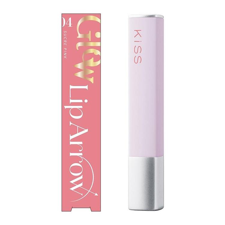 A lipstick tube and its box for the product リップアローグロウ 04 シュクレピンク.
