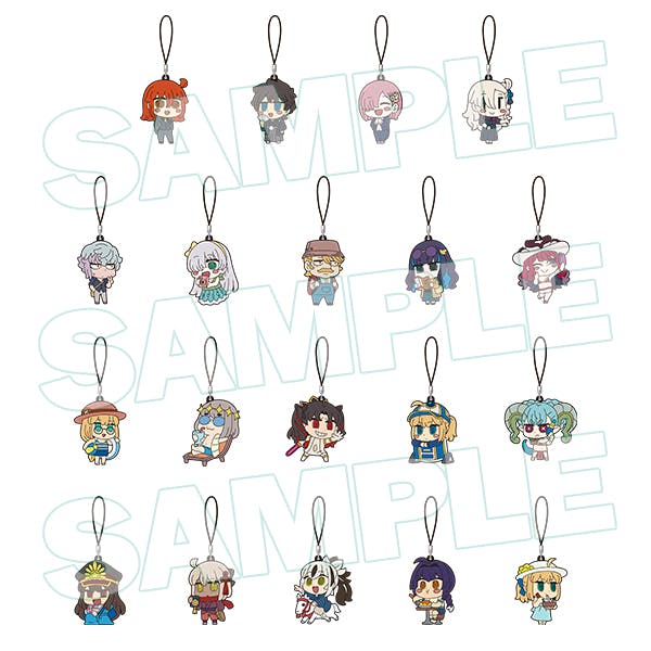 Nineteen rubber strap charms showing different illustrated characters arranged on a white background with a SAMPLE watermark.