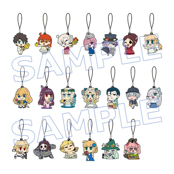 Grid of twenty illustrated rubber keychain charms showing chibi character designs with straps, arranged in rows with a SAMPLE watermark.
