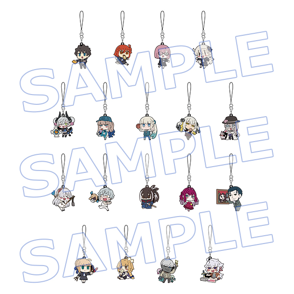 All 18 chibi rubber keychain charms displayed against a white background with a SAMPLE watermark.