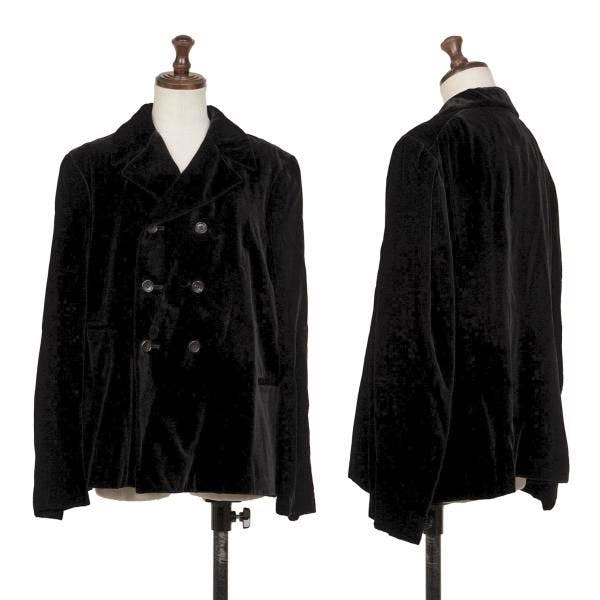 Black velour double-breasted jacket displayed on a mannequin showing front and back views.