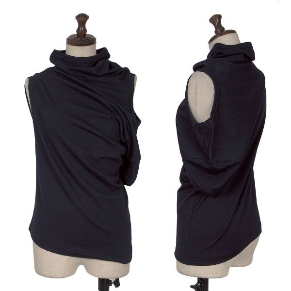 Front and side views of a navy wool drape-design T-shirt on a mannequin.