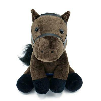 Front view of the ロブチェン M-size plush horse showing a brown body, black hooves and mane, and a halter.