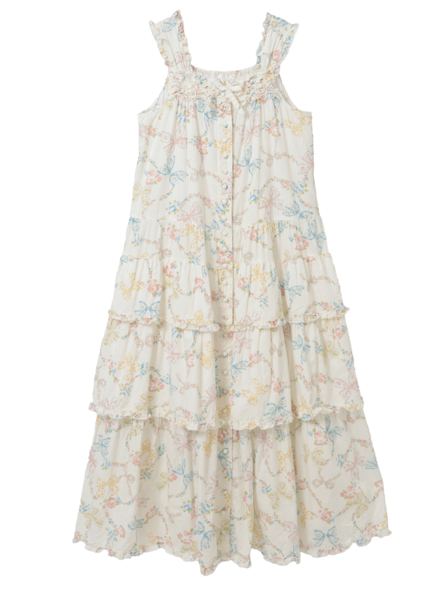 Front view of the Rococo ribbon print women's cotton one-piece dress on a plain background.