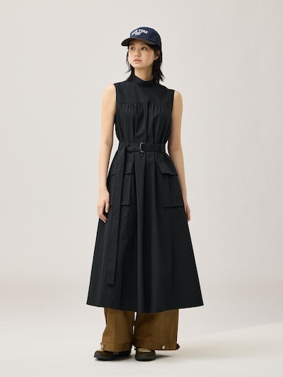 A-line long black Rokh cotton dress (size S) shown on a model, sleeveless with a high neckline and belted.