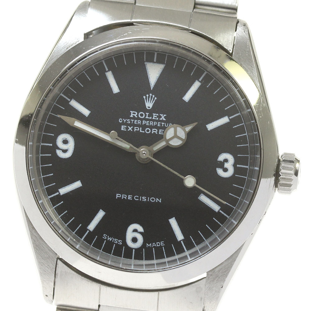Front view of the Rolex 5500 Explorer wristwatch with black dial and stainless steel case and bracelet.