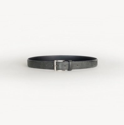 A waxed leather roller-buckle belt laid flat showing the buckle and strap.