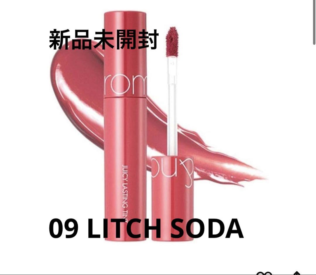 rom&nd Juicy Lasting Tint tube and open applicator shown with a product swatch and the shade text "09 LITCH SODA".