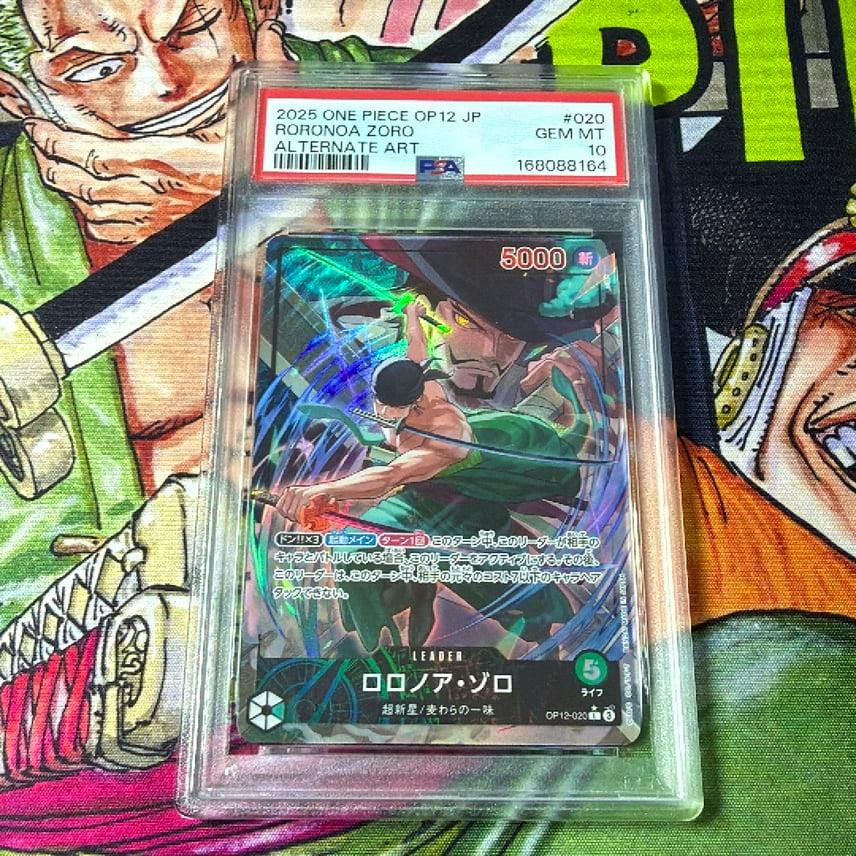 Front of the Roronoa Zoro trading card visible inside a clear PSA grading slab.