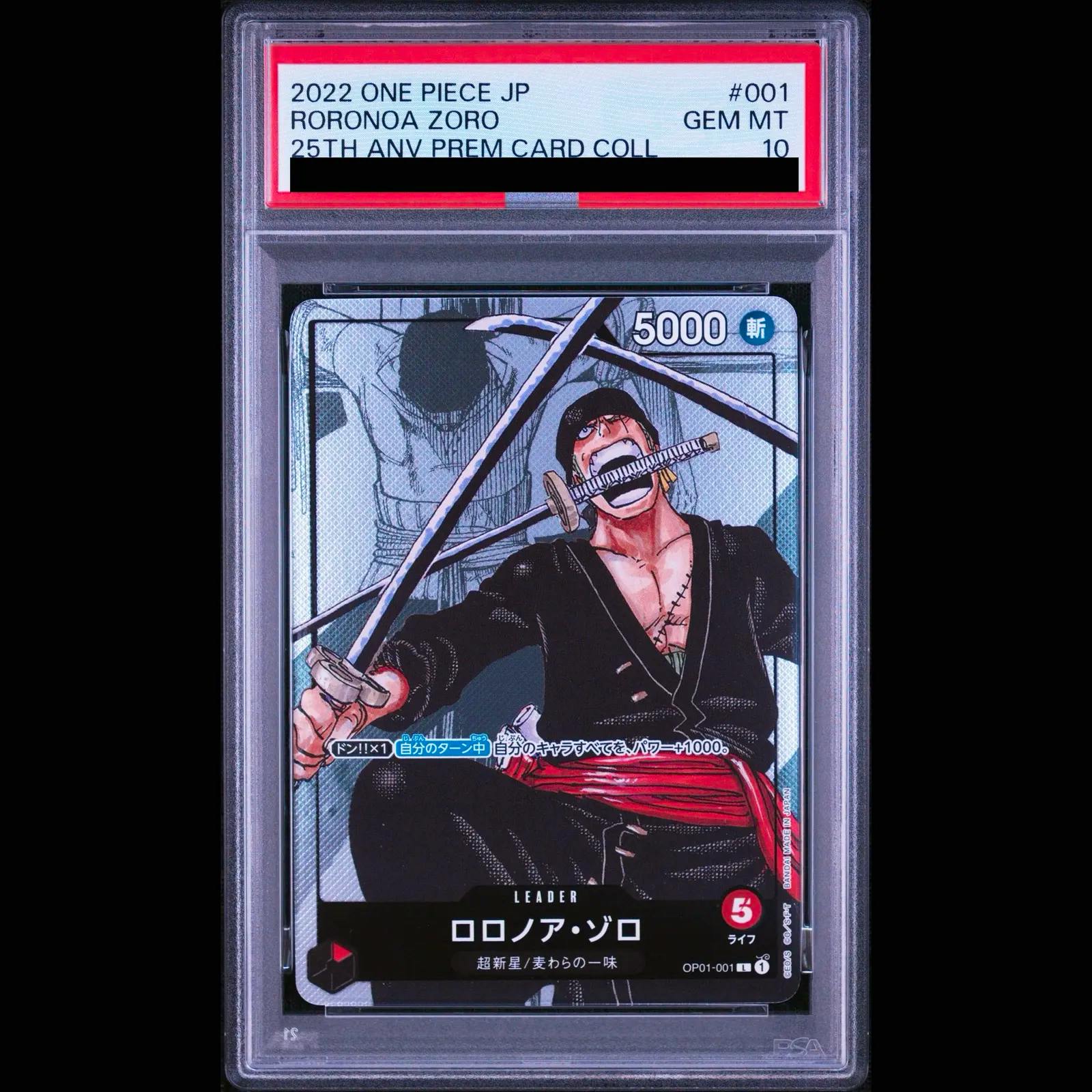 Front of a PSA-graded slab showing the Roronoa Zoro trading card and label.