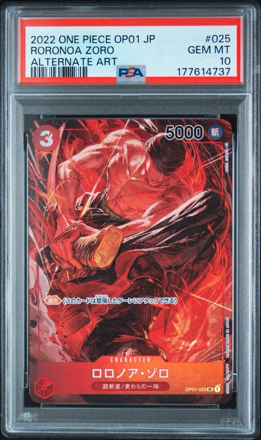 Front of a PSA-graded Roronoa Zoro trading card (OP01-025) showing the card artwork inside a clear plastic slab with the PSA label.