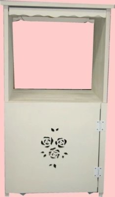 Wooden short wagon shelf with a rose-shaped cutout on the front and a hinged side door shown against a pink background.