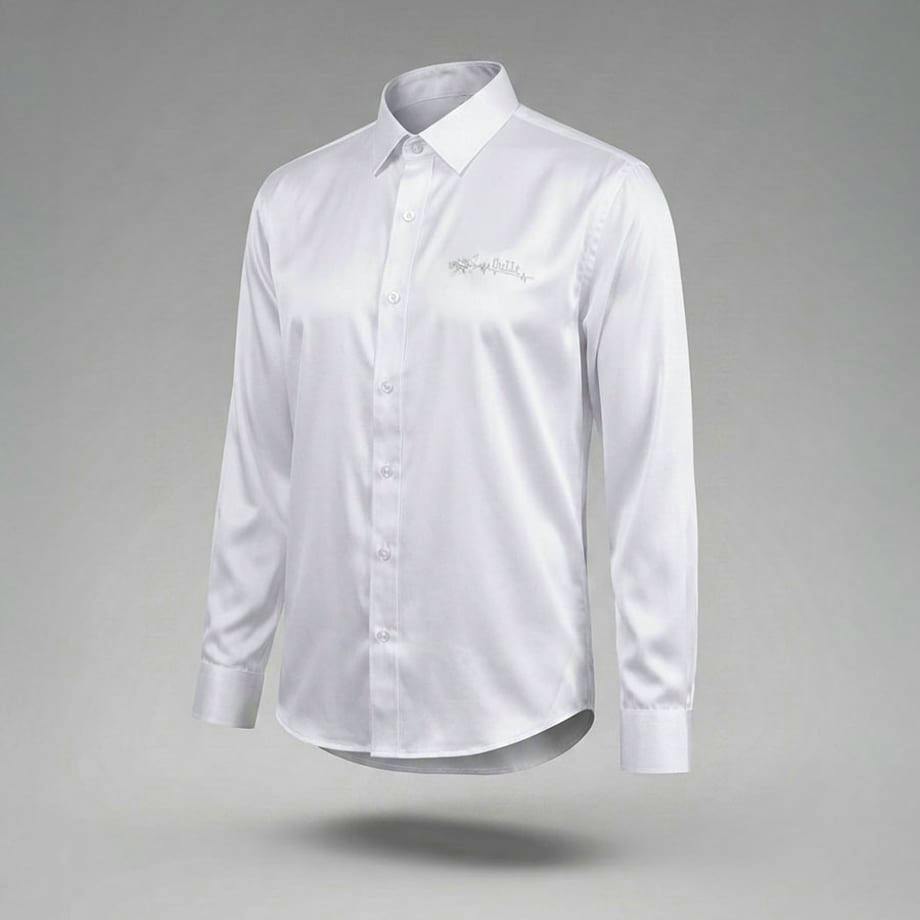 White long-sleeve men's button-up polyester shirt shown front view on a neutral background.