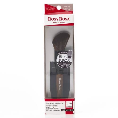 Front view of an angled powder makeup brush (Rosy Rosa) inside its clear retail packaging.