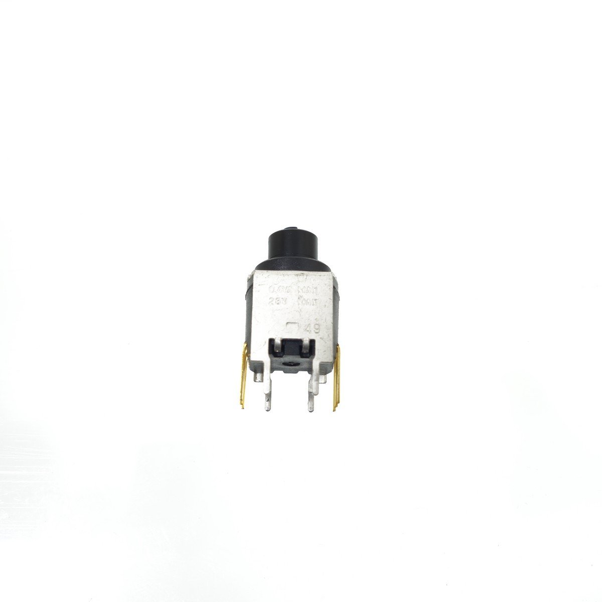 A rotary switch with a black round actuator and four metal contact terminals on a white background.