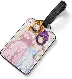Leather luggage tag showing a printed anime illustration of two female characters, with an attached black strap.