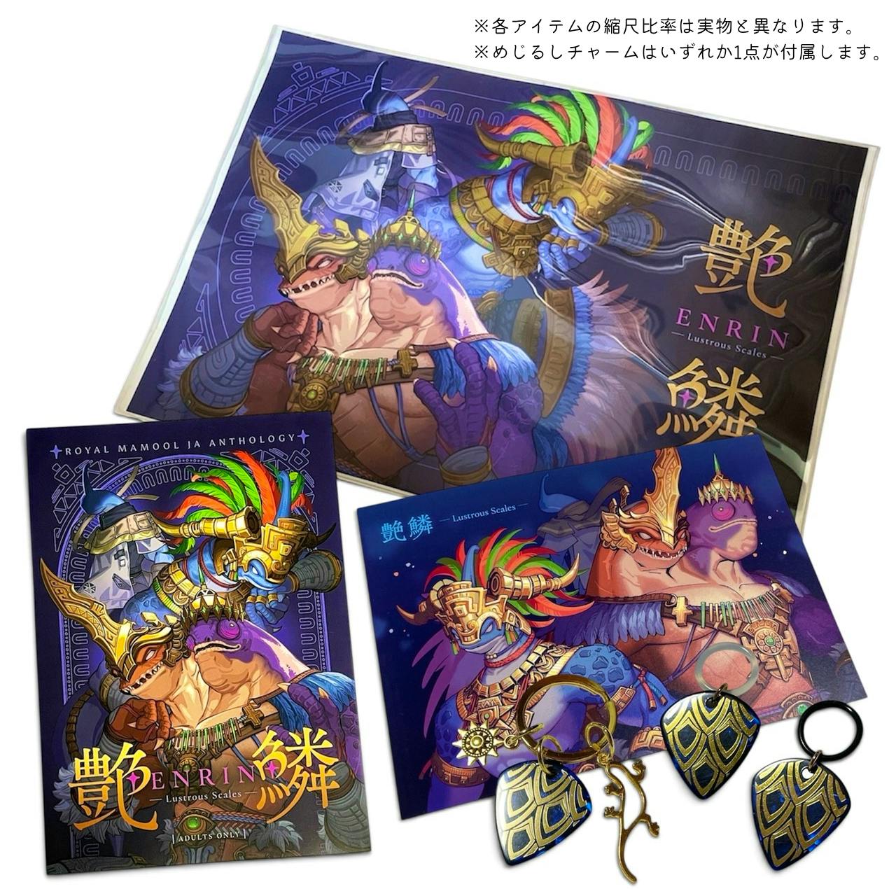 Photograph of the complete anthology set showing a paperback anthology cover, two art prints, and several metal charms laid out on a white background.