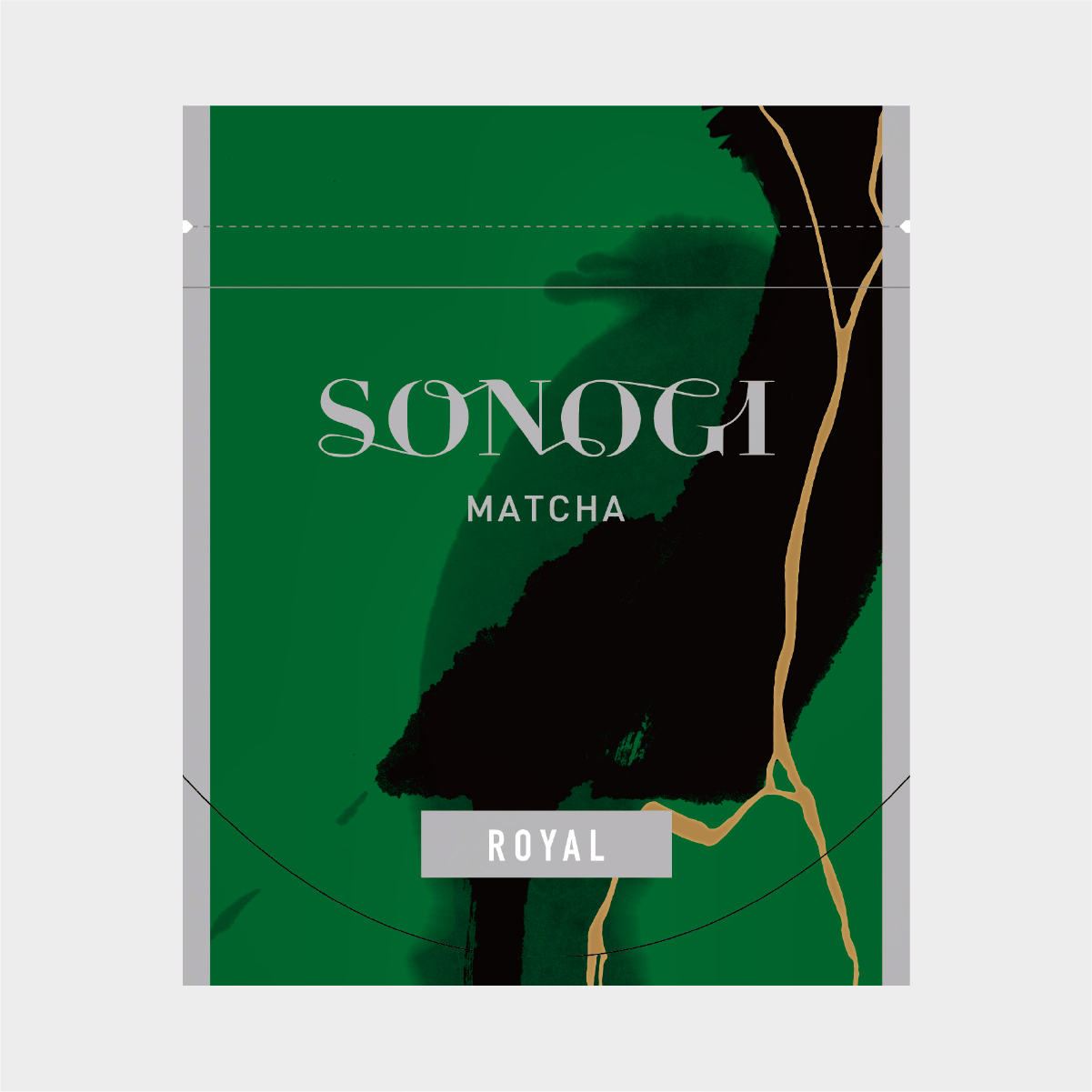 Front of the matcha green tea package showing green and black artwork with the text “SONOGI MATCHA” and a label reading “ROYAL.”