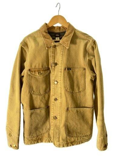 Front view of a camel-colored cotton RRL men's duck coverall jacket on a hanger, showing patch pockets and a corduroy collar.