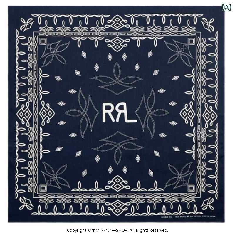 Navy square bandana showing white printed decorative border and 'RRL' letters in the center.