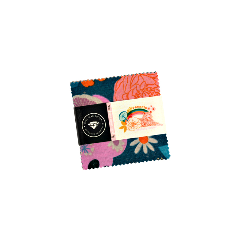 Packaged cotton fabric square from the RSS reverie 42-piece set showing a floral print and paper band.