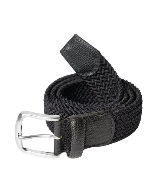 Rolled black woven polyester belt with a silver metal buckle on a white background.