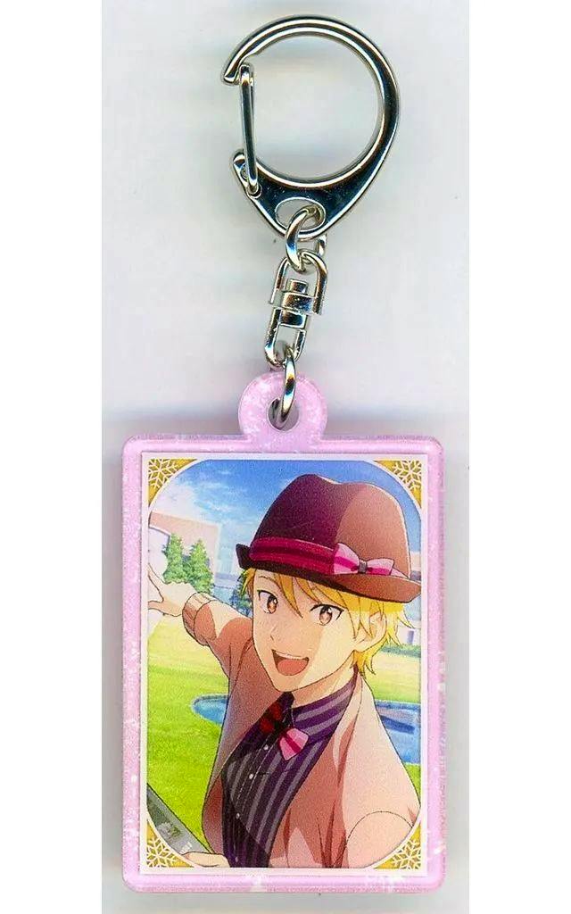 Rectangular pink-framed acrylic keychain showing the character Maida Rui from Idolmaster SideM and a metal key ring.