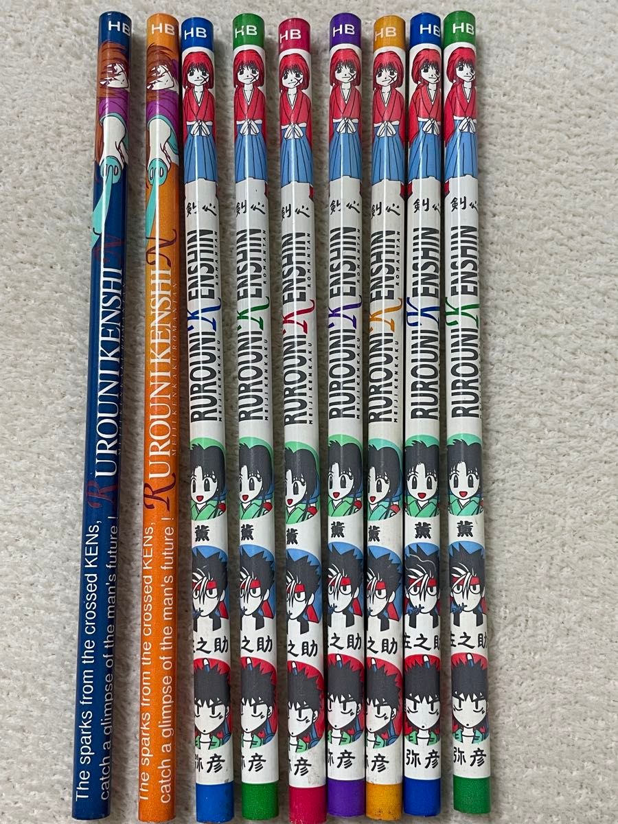 Nine HB “Rurouni Kenshin” character pencils with colorful printed designs arranged side by side.