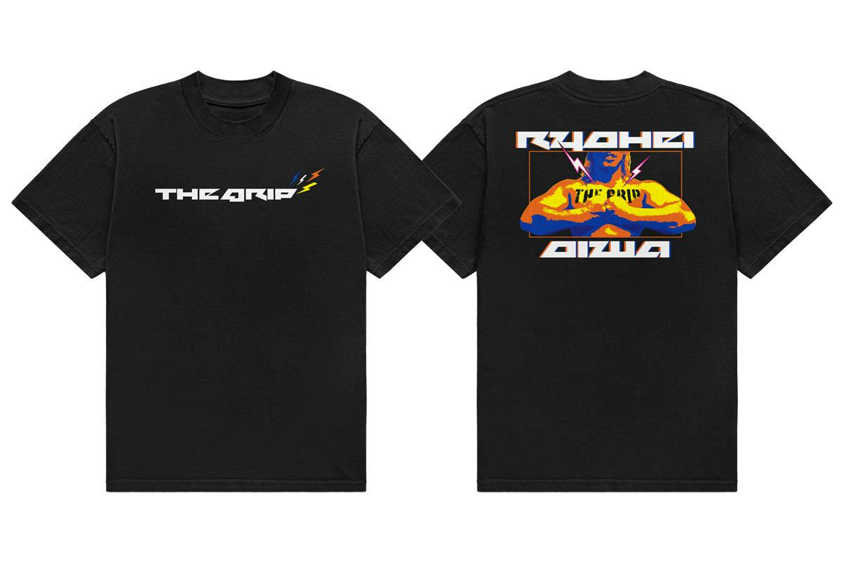 Front and back of a black T-shirt showing 