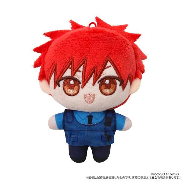 Front view of the plush mascot ぬいパル (猿渡 友弥) with red hair and a blue uniform.