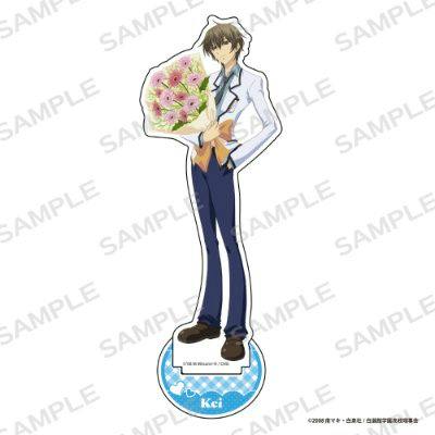 Printed acrylic stand of Takishima Kei holding a bouquet of flowers with its round display base visible.