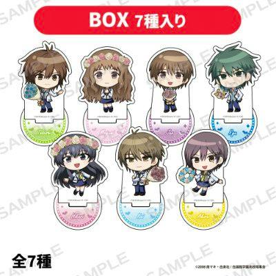 Seven acrylic character stands from S・A ~Special A~ shown with their display bases arranged in a set.