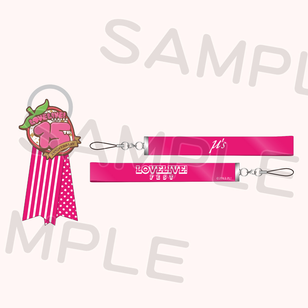 Illustration of a pink polyester phone strap set for μ's showing two flat straps, a round charm, and ribbon tails.