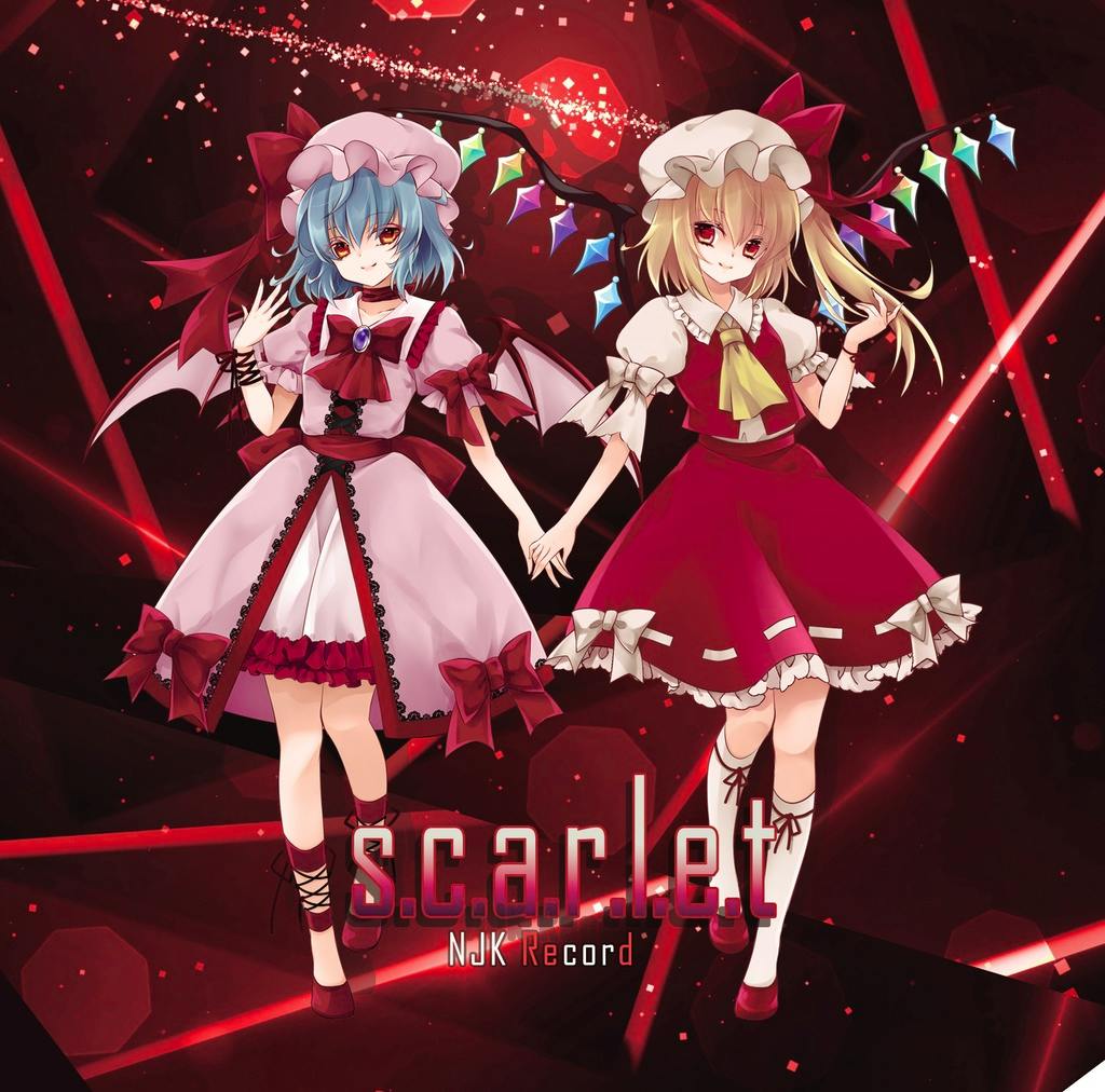 CD cover illustration showing two girls in red dresses holding hands with the title “s.c.a.r.l.e.t” visible.