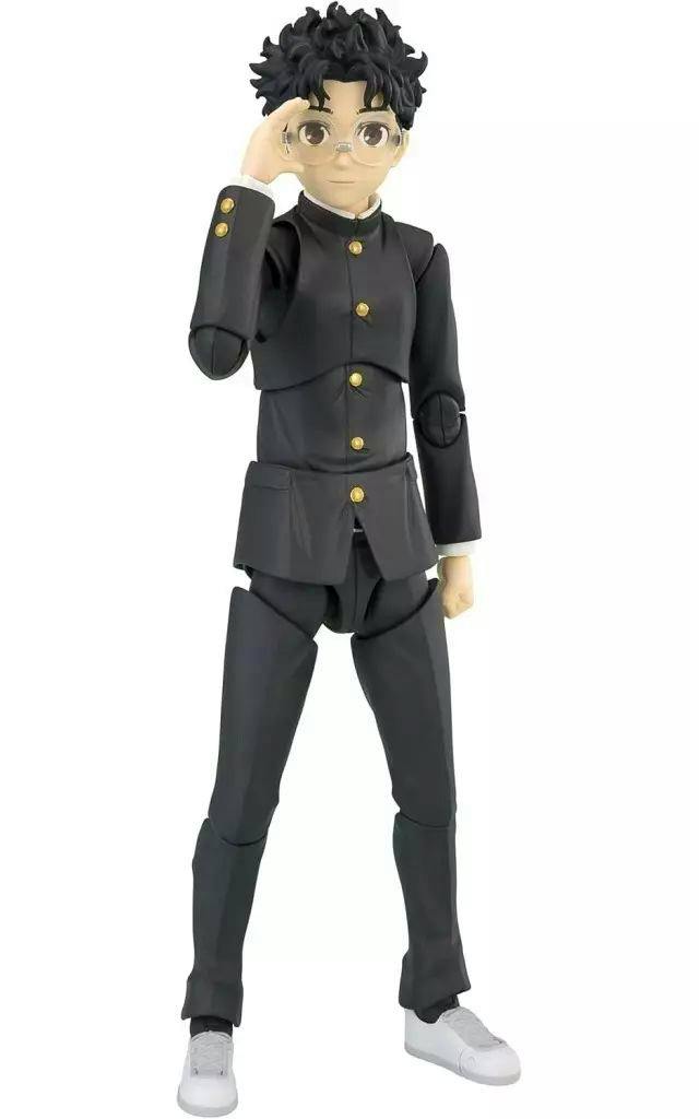 Front view of a S.H.Figuarts "Okarun" articulated figure in a black school uniform wearing glasses on a white background.